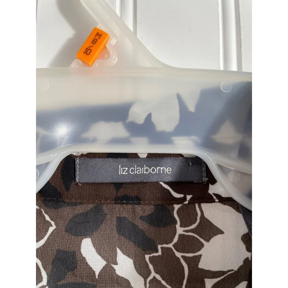 Liz Claiborne Shirt Women's 10 Brown White Floral Semi Sheer Collared Blouse Top - Picture 4 of 5